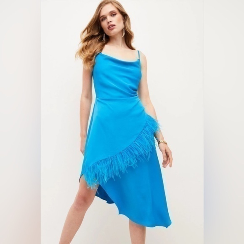 NWT Karen Millen Turquoise Viscose Satin Back Crepe Feather Cami Midi Dress 8